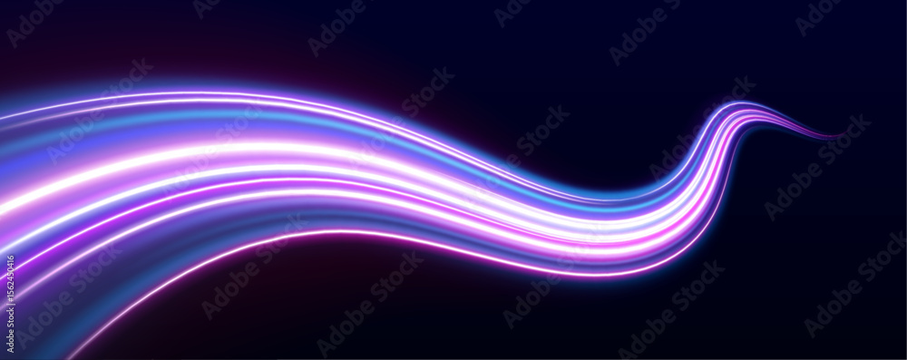 Poster neon beams speed down a dark road, creating a sense of endless movement. the vibrant colors and glow
