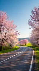 Fototapeta premium A winding road lined with blossoming cherry trees under a clear blue sky, creating a scenic springtime landscape.