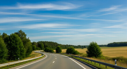 Fototapeta premium Asphalt road curves through a landscape with trees and a field under a blue sky with cirrus clouds.