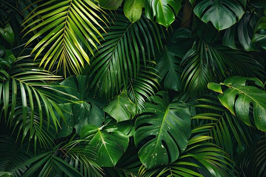 beautiful green jungle of lush palm leaves, palm trees in an exotic tropical forest, tropical plants nature concept for panorama wallpaper, selective sharpness