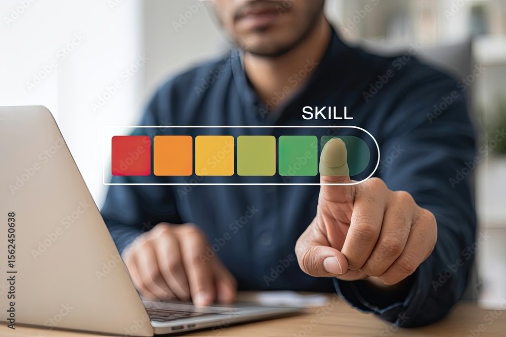 Poster man s finger touching a digital skill bar with progress from red to green indicating improvement and