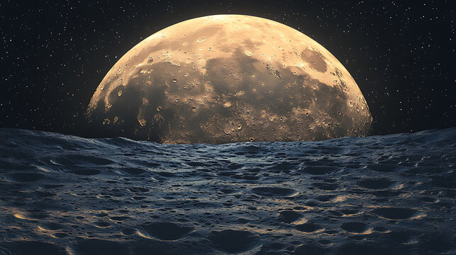 Moonscape surface detailed and textured with craters and stars in dark night sky backdrop full of space