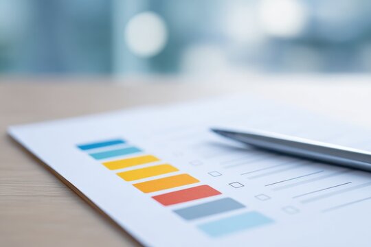 flat-lay of performance review form colored feedback stickers pen and hr guidebook on desk