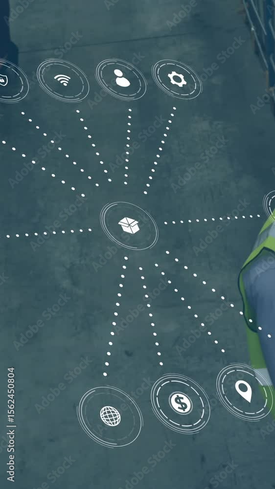Poster animation of data processing with icons over african american man working in warehouse