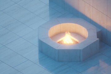 drone-view overhead of lounge area framed by sinuous wall paneling and flame pit feature