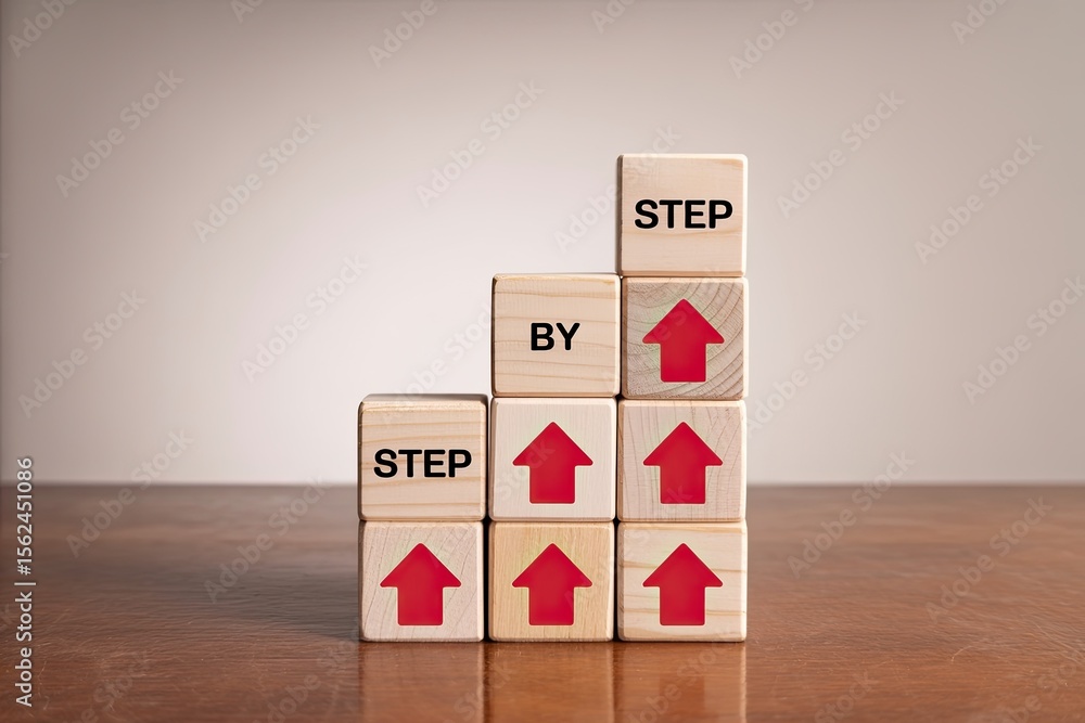 Poster wooden blocks stacked in a staircase shape with red arrows pointing upwards and the words step by st