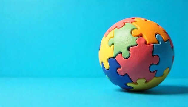 Colorful Puzzle Ball on Blue Background - Autism Awareness Concept, World Autism Awareness Day poster, created with generative ai