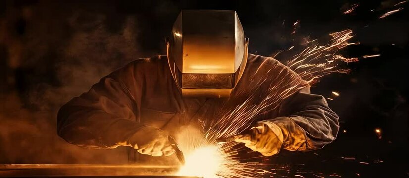 Intense welding sparks fly in a workshop crafting metal art