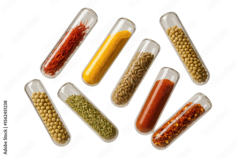 Poster various spices in test tubes isolated on transparent background for culinary use