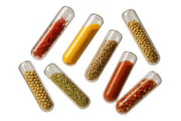 Various spices in test tubes isolated on transparent background for culinary use