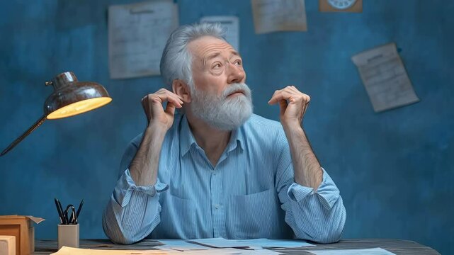 Senior man with white beard experiencing intense workplace stress, holding head in hands at desk with scattered documents, desk lamp illuminating blue background with pinned papers.