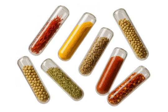 Various spices in test tubes isolated on transparent background for culinary use
