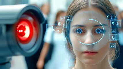Young woman undergoing digital facial recognition scan with security camera displaying complex data visualization of identity verification process. - Powered by Adobe