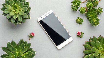 A white smartphone surrounded by green succulents and small pink flowers on a gray background - ai generated