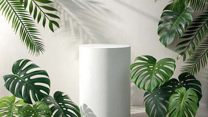White cylinder podium with tropical leaves and shadows on a white background studio shot - ai generated