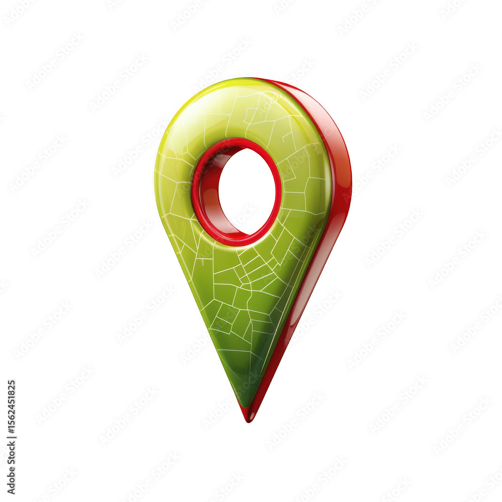 Fototapete 3d glossy map pin icon with a green map pattern and red outline isolated on transparent background