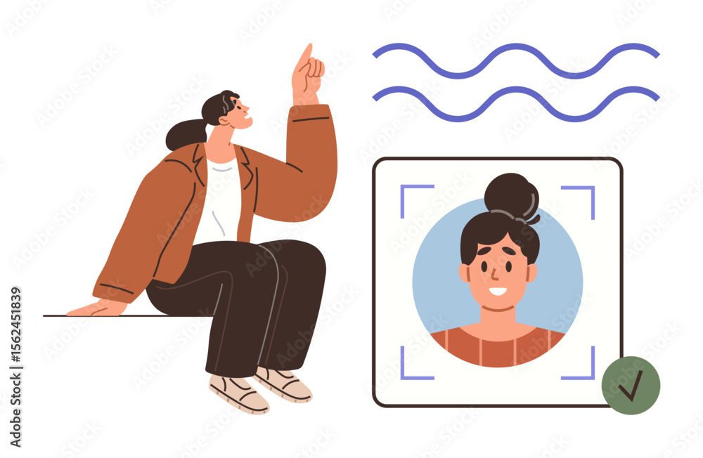 Poster person gesturing with an index finger towards wavy lines, beside a validated profile picture with a 