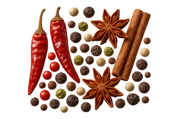 Assorted spices and peppers isolated on transparent background, colorful