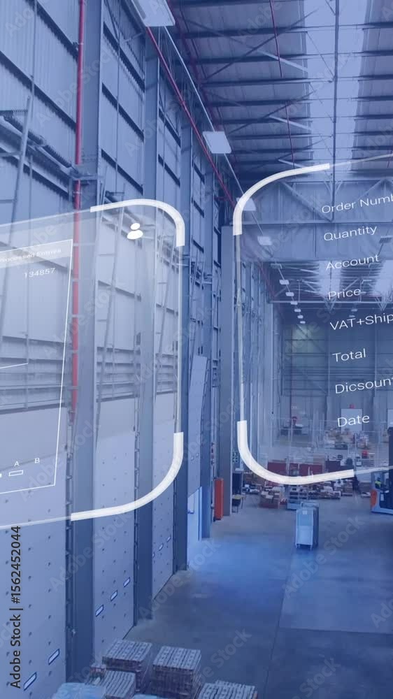 Aufkleber animation of data processing on screens over warehouse