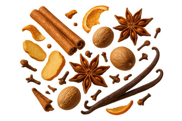 Aromatic Christmas spices isolated on transparent background, festive mood