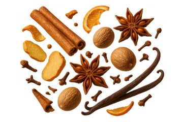 Aromatic Christmas spices isolated on transparent background, festive mood