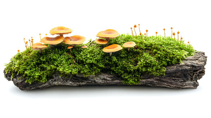 Mossy log colony with mushrooms and tiny sporophytes creating a lush miniature habitat on a white background revealing the intricacies of the forest floor