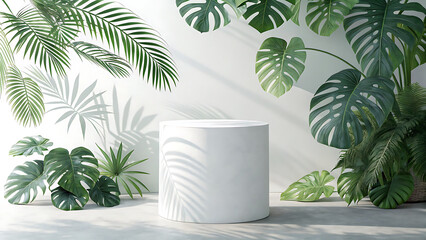 White cylinder platform surrounded by tropical plants against a white wall backdrop with leaf shadows - ai generated