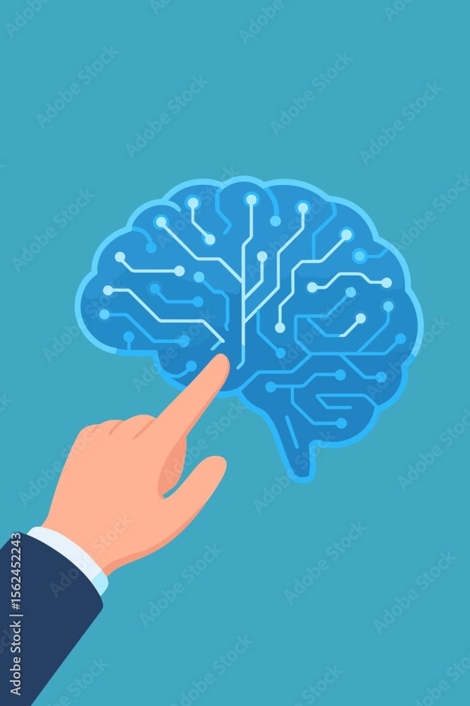 Poster artificial intelligence concept. businessman hand interacting with digital brain circuit. business i