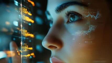 Ai data analysis: woman looking at digital interface with data streams and future technology focus - Powered by Adobe