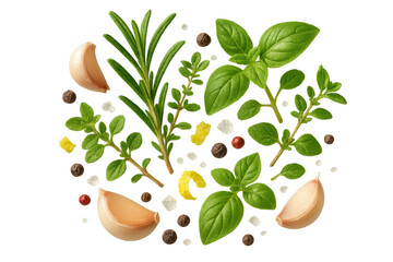 Isolated fresh herbs and spices on transparent background, culinary mix, garlic