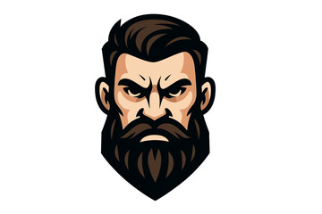 Bearded man head mascot logo for esports team or barbershop. Vector illustration of a strong, masculine character face with an angry expression. Modern gaming or clan emblem.
