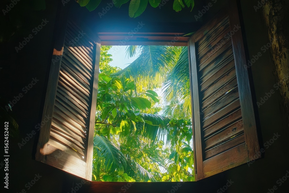 Poster cinematic steady cam tilt shot revealing lush greenery through an open window frame, cinematic stead