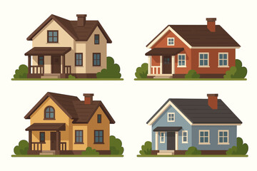 Set of cute cartoon houses. Vector illustration of suburban homes. Real estate icons. Collection of residential buildings isolated on white background. Flat design family property.