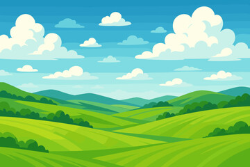 Summer landscape with rolling green hills and meadows under a blue sky with clouds. Rural countryside scenery background. Natural panoramic scene. Modern flat cartoon vector illustration.