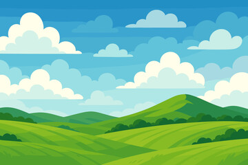 Obraz premium Summer landscape with green hills and fields under a blue sky with clouds. Countryside scenery background. Modern flat cartoon vector illustration. Natural environment, ecology.