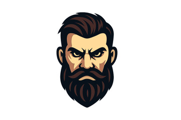 Bearded man logo vector illustration. Intense masculine head mascot with a serious face for a barbershop or hair salon. Emblem for an esports team, gaming logo, or men's grooming brand.