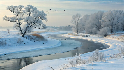 A winter landscape with a river winding through snow covered banks and frosted trees and flying birds - ai generated