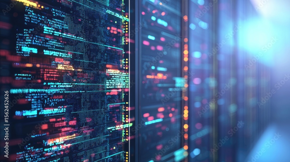 Aufkleber futuristic server rack displaying colorful digital code and glowing data streams, perfect for illust
