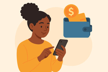 Black woman using smartphone for mobile banking. Digital wallet and online payment concept. E-commerce, finance technology, money transfer, personal budget. Flat vector illustration.
