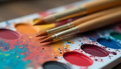 Obraz premium Vibrant artist palette with paint tubes and brushes ready for creative painting project oil tools, Artist's brushes on paint palette mockup, e-commerce, product advetisment, created with generative ai