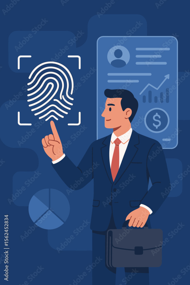 Aufkleber businessman using fingerprint identification for secure access to personal financial data. e-kyc ele