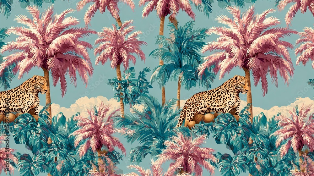 Poster a repeating pattern with palm trees and asian leopards. a cute jungle design with animals under coco