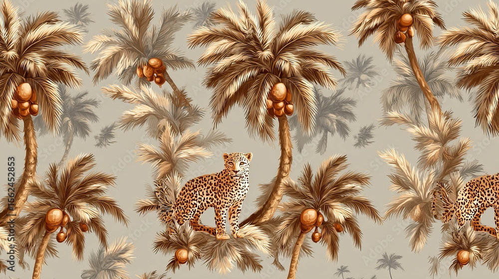 Poster a repeating pattern with palm trees and asian leopards. a cute jungle design with animals under coco