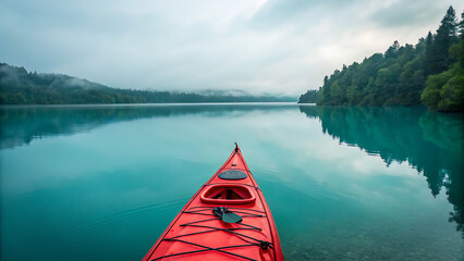 A red kayak on a calm turquoise lake surrounded by green forested hills under a cloudy sky day - ai generated
