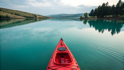 A red kayak on a calm turquoise lake surrounded by rolling hills and trees under a cloudy sky - ai generated