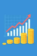 Financial growth chart with rising coins, stock market investment, profit increase, currency exchange, business finance success, economic progress, wealth accumulation, blue background vector