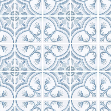 Watercolor grey tiles azulejo elegant seamless pattern	