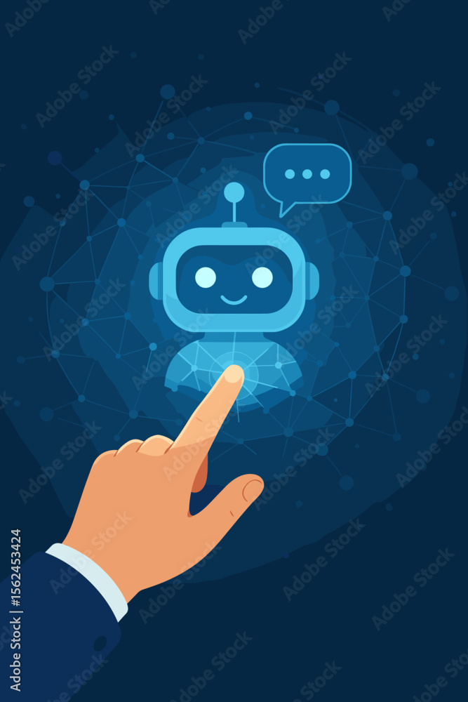 Poster hand touching digital chatbot interface for online information access, artificial intelligence robot