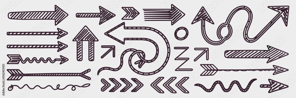 Poster messy sketch-style arrow collection with various heads and tails – ideal for design mockups or dynam