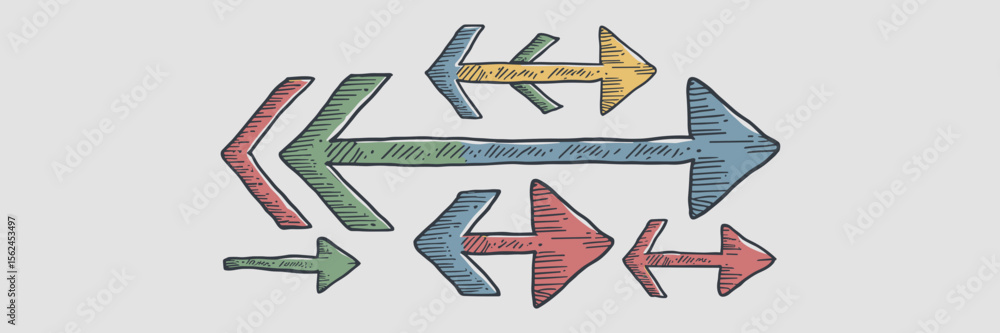 Poster messy sketch-style arrow icon set in multiple directions – great for creative layouts, presentations